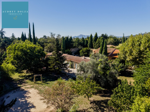 Aerial view of a single-storey family property with garden in Salon-de-Provence.