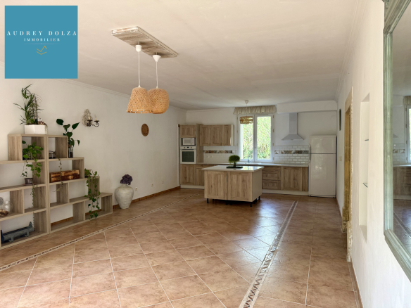 Interior of a single-storey house in Salon-de-Provence, with open kitchen and spacious living room.