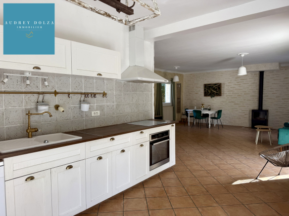 Interior of a single-storey house in Salon-de-Provence, open kitchen and living room with wood stove.