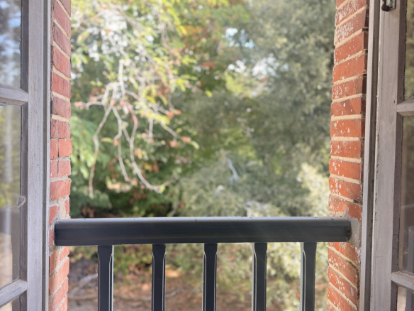 View from a window of a longhouse with a balcony, surrounded by trees.