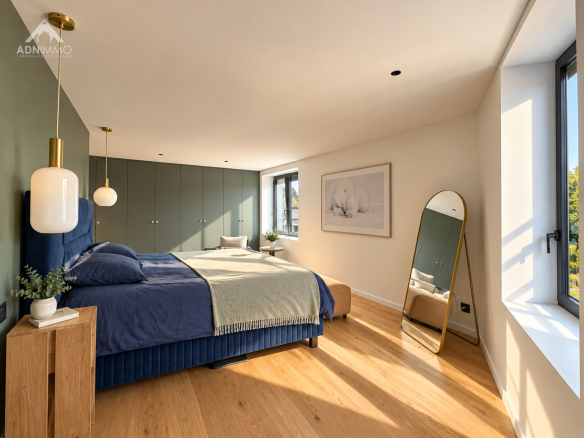 Chambre spacieuse avec lit double, miroir et fenêtres lumineuses.