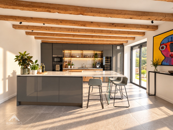 Cuisine moderne avec îlot central et bar, éclairage naturel, poutres apparentes.