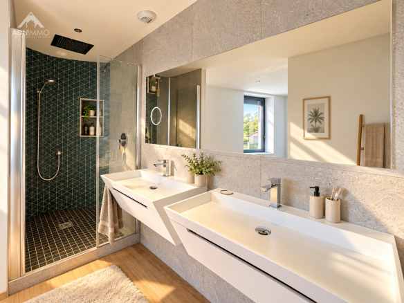 Salle de bain moderne avec deux lavabos et douche à l'italienne, murs en pierre et carrelage vert.