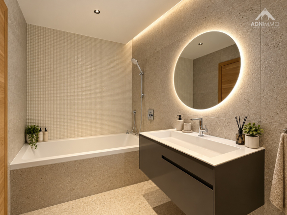 Salle de bain moderne avec baignoire, lavabo et miroir lumineux.