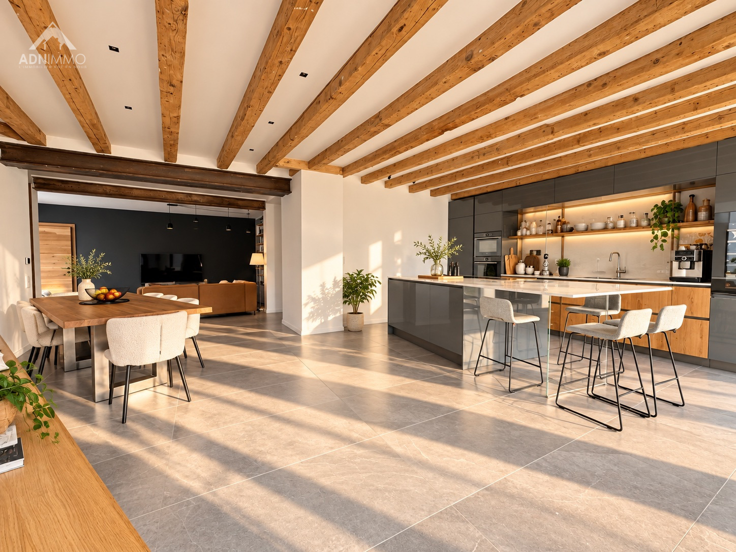 Maison rénovée à Pregnin Intérieur d'une maison rénovée avec un espace de vie lumineux et moderne, cuisine ouverte et poutres apparentes.