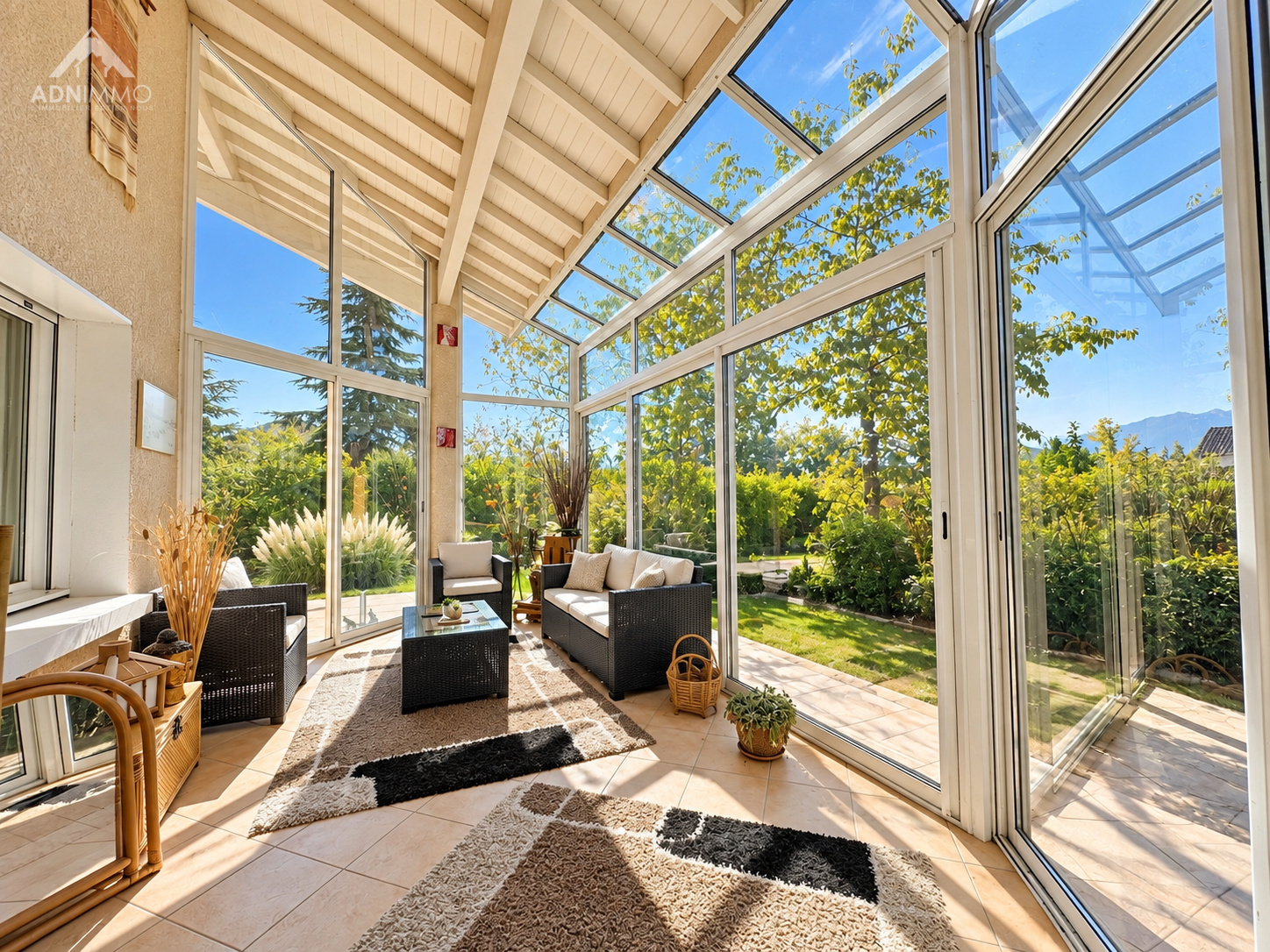 Véranda d’une maison à Saint-Jean-de-Gonville Véranda lumineuse d'une maison avec mobilier confortable et vue sur le jardin.