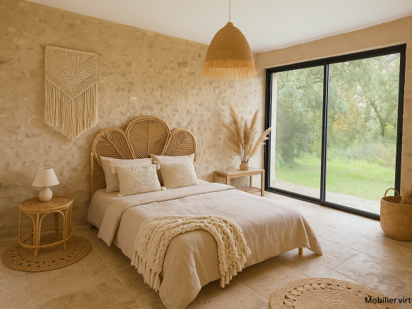 Chambre d'une maison avec décoration naturelle et vue sur la nature.