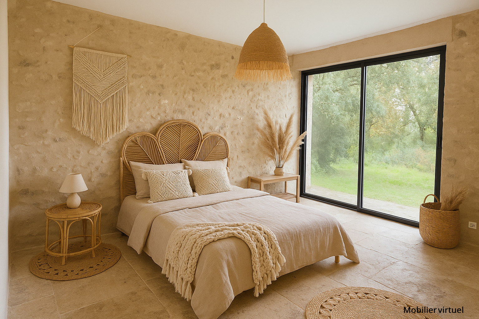 Chambre avec vue sur la nature Chambre d'une maison avec décoration naturelle et vue sur la nature.