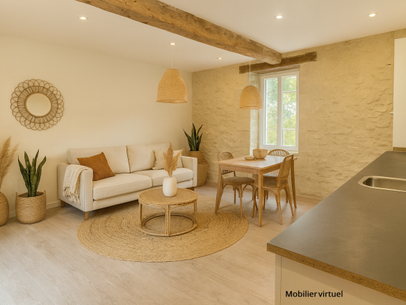 Intérieur d'une maison avec un salon et une table à manger, décoré de manière moderne et chaleureuse.