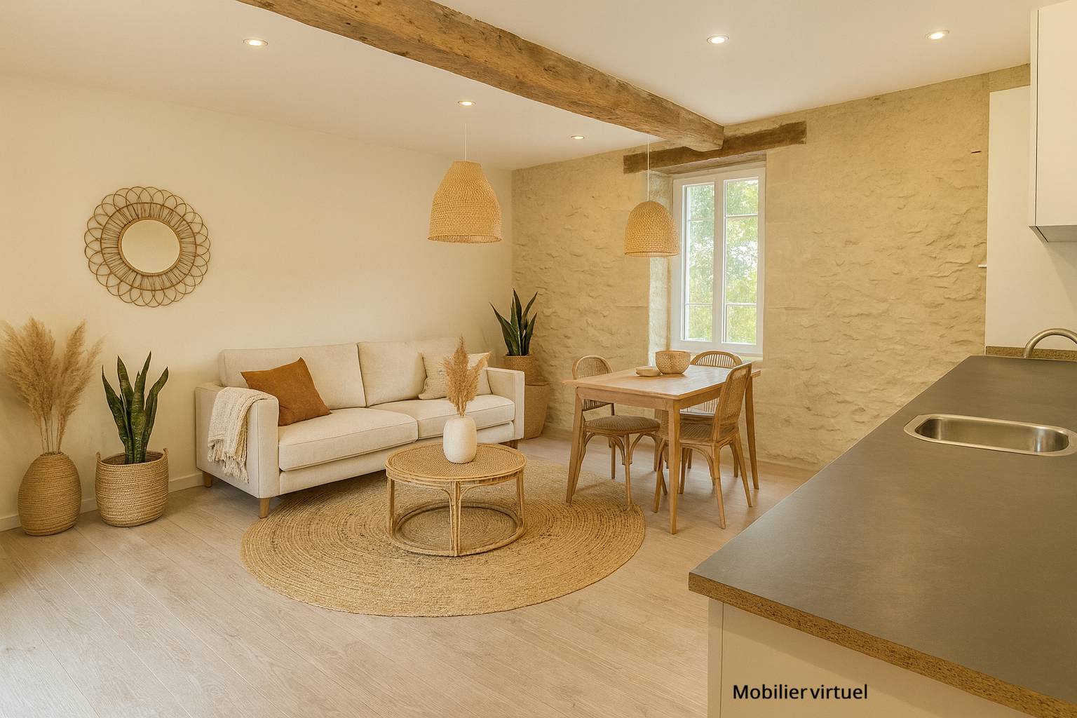 Intérieur d’une maison moderne Intérieur d'une maison avec un salon et une table à manger, décoré de manière moderne et chaleureuse.