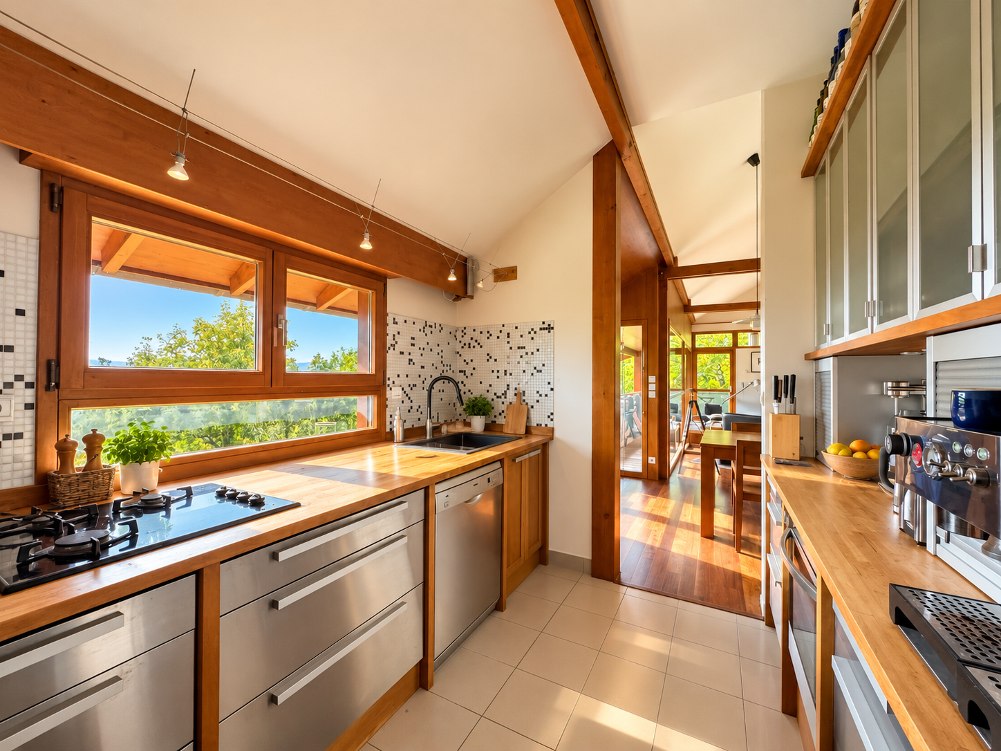 Cuisine d’une maison d’architecte à Péron Cuisine moderne et lumineuse dans une maison d'architecte avec vue sur la nature.