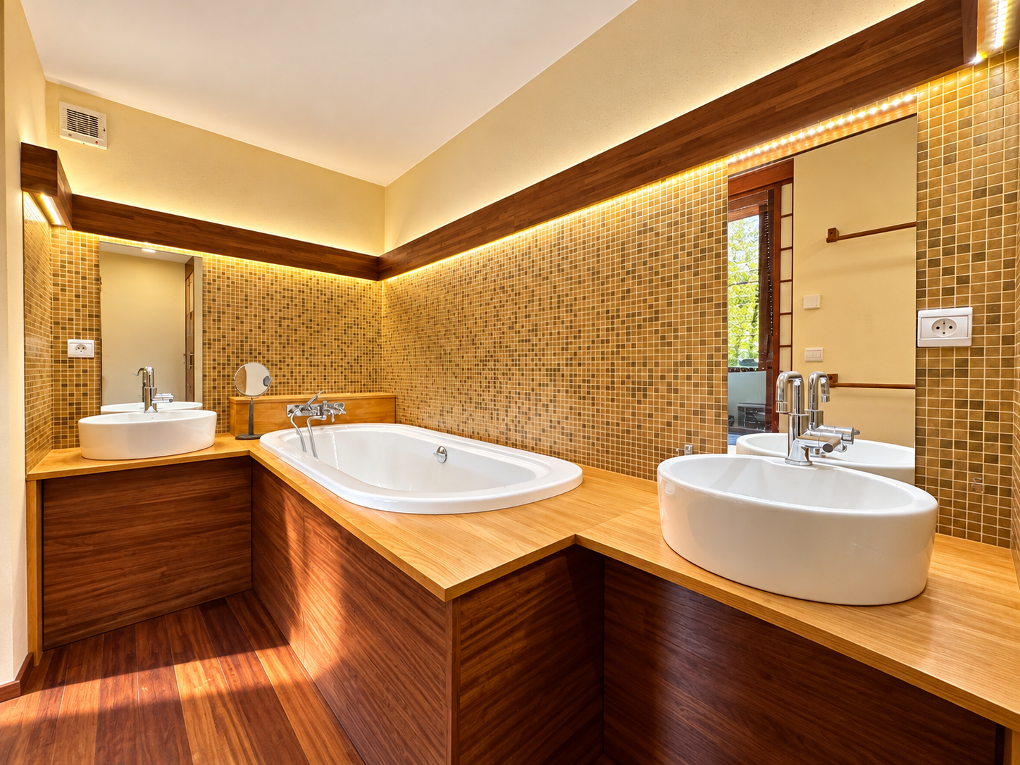 Salle de bains contemporaine Salle de bains moderne avec baignoire et double vasque en bois et carrelage mosaïque.