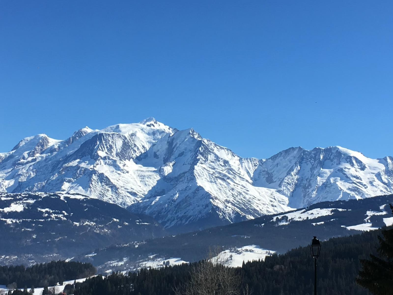 Vue panoramique sur le Mont-Blanc avec des montagnes enneigées en arrière-plan.