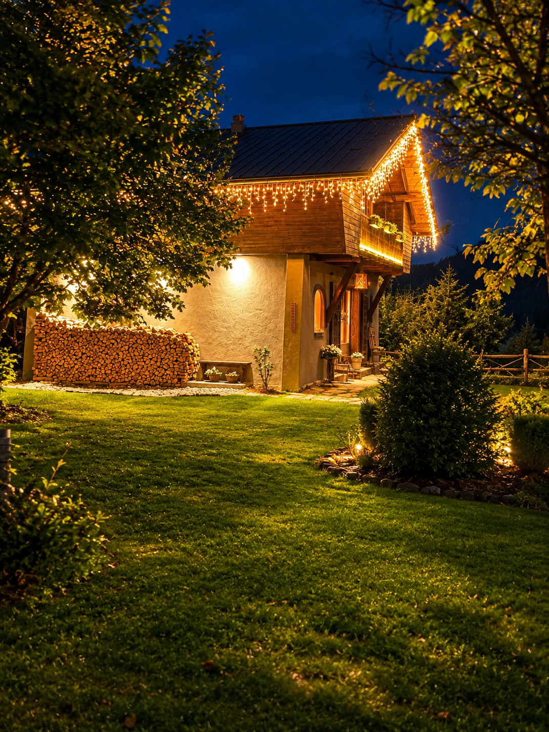 Chalet illuminé avec jardin verdoyant, vue sur le Mont-Blanc.
