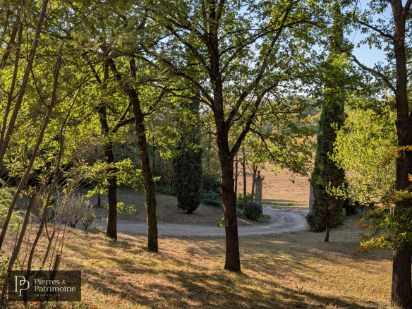 Vue dégagée sur un parc arboré avec chemin à Nérac, entouré d'arbres