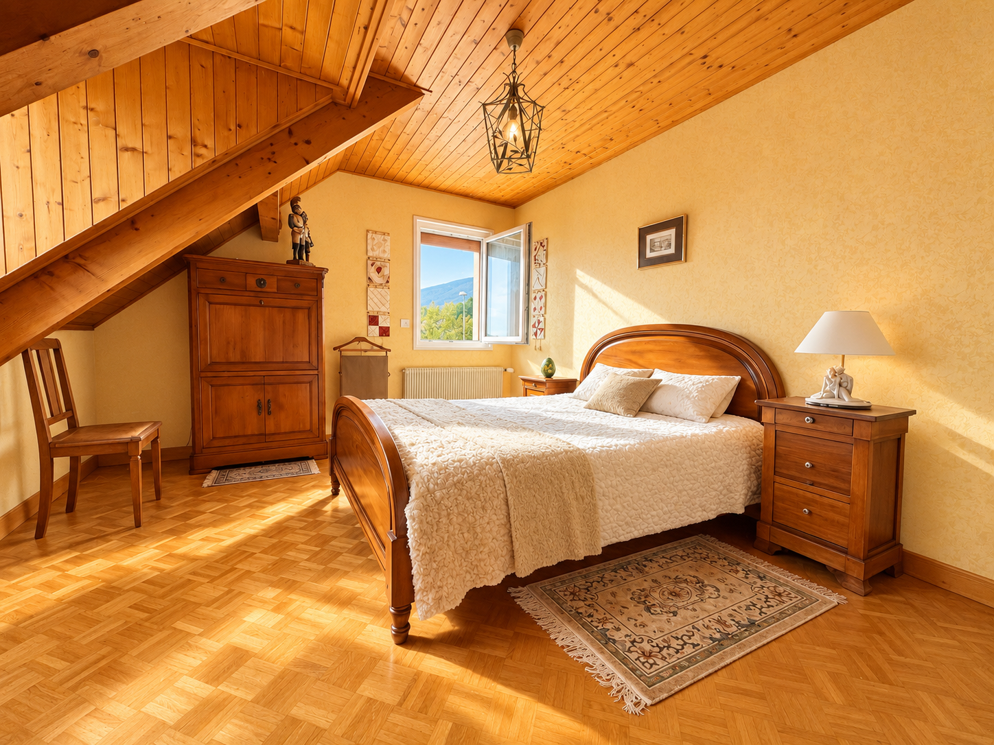 Chambre d'une maison avec lit double, meuble en bois et fenêtre offrant une vue dégagée.