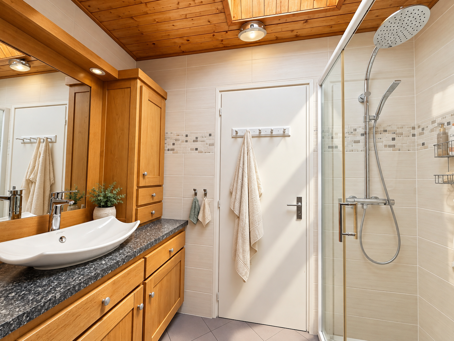 Salle de bain moderne avec douche, lavabo et meubles en bois.