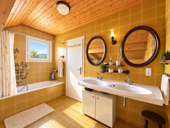 Salle de bain spacieuse avec baignoire et double vasque, murs jaunes et lumière naturelle