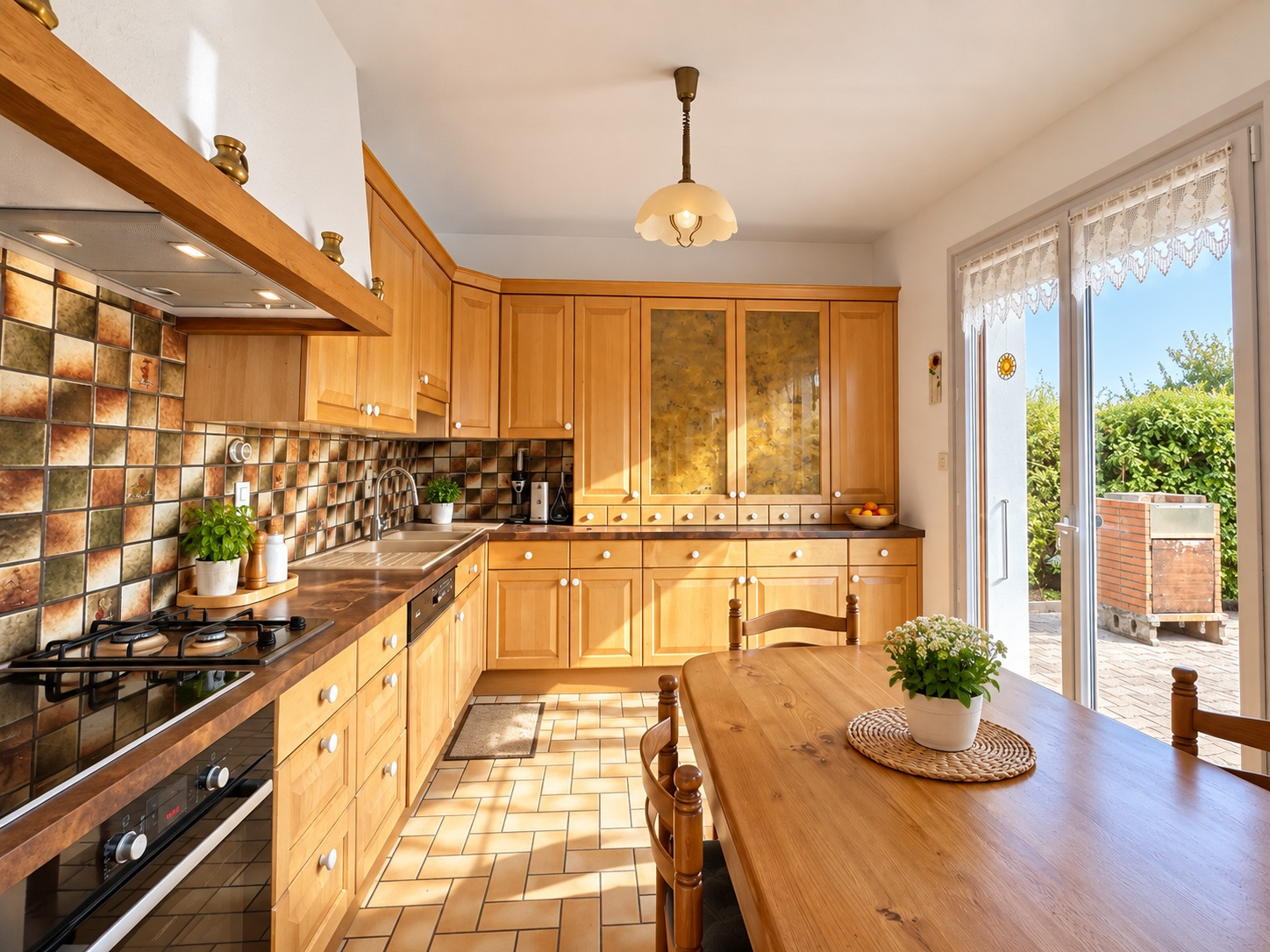 Cuisine spacieuse et lumineuse avec meubles en bois et table à manger, ouverte sur l'extérieur.