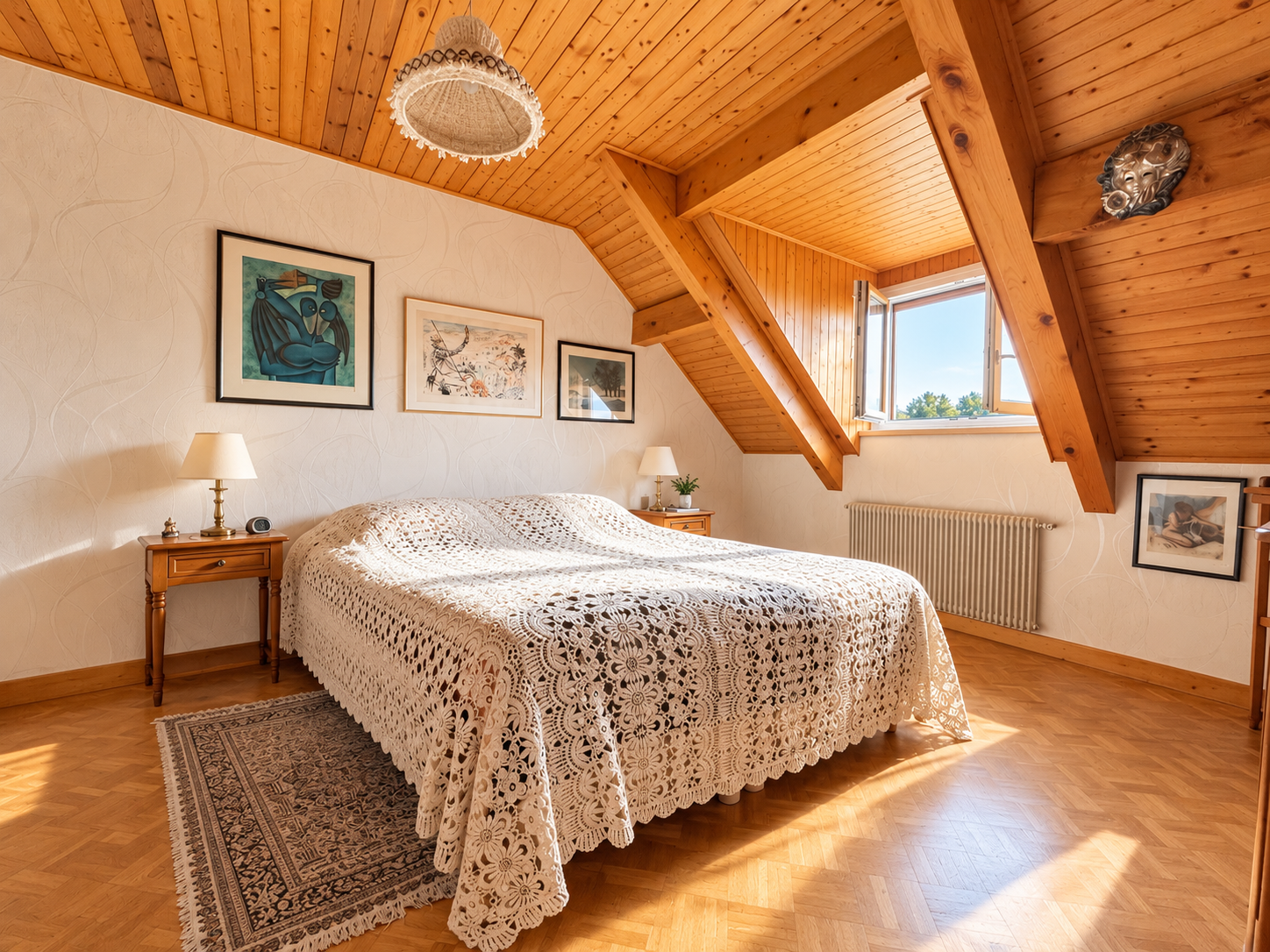 Chambre à coucher avec un lit double et des décorations murales, sous un plafond en bois.