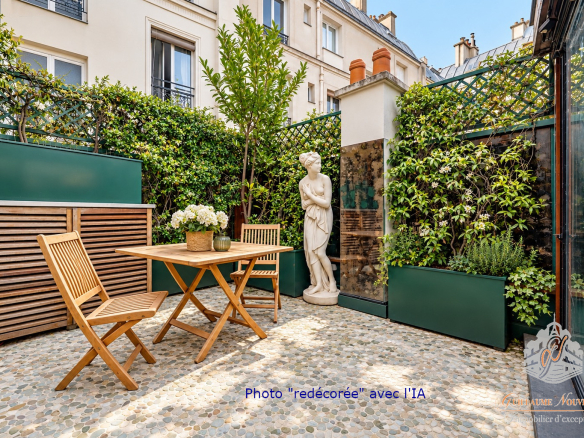 Terrasse privative d'un duplex avec table en bois et statue, entourée de verdure.