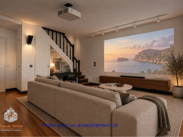 Intérieur d'un duplex avec un grand écran projeté et un canapé, décor moderne.