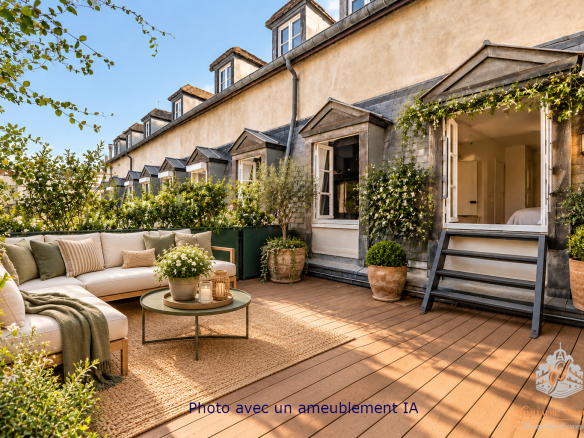 Terrasse d'un duplex avec mobilier, entourée de verdure, à Paris.