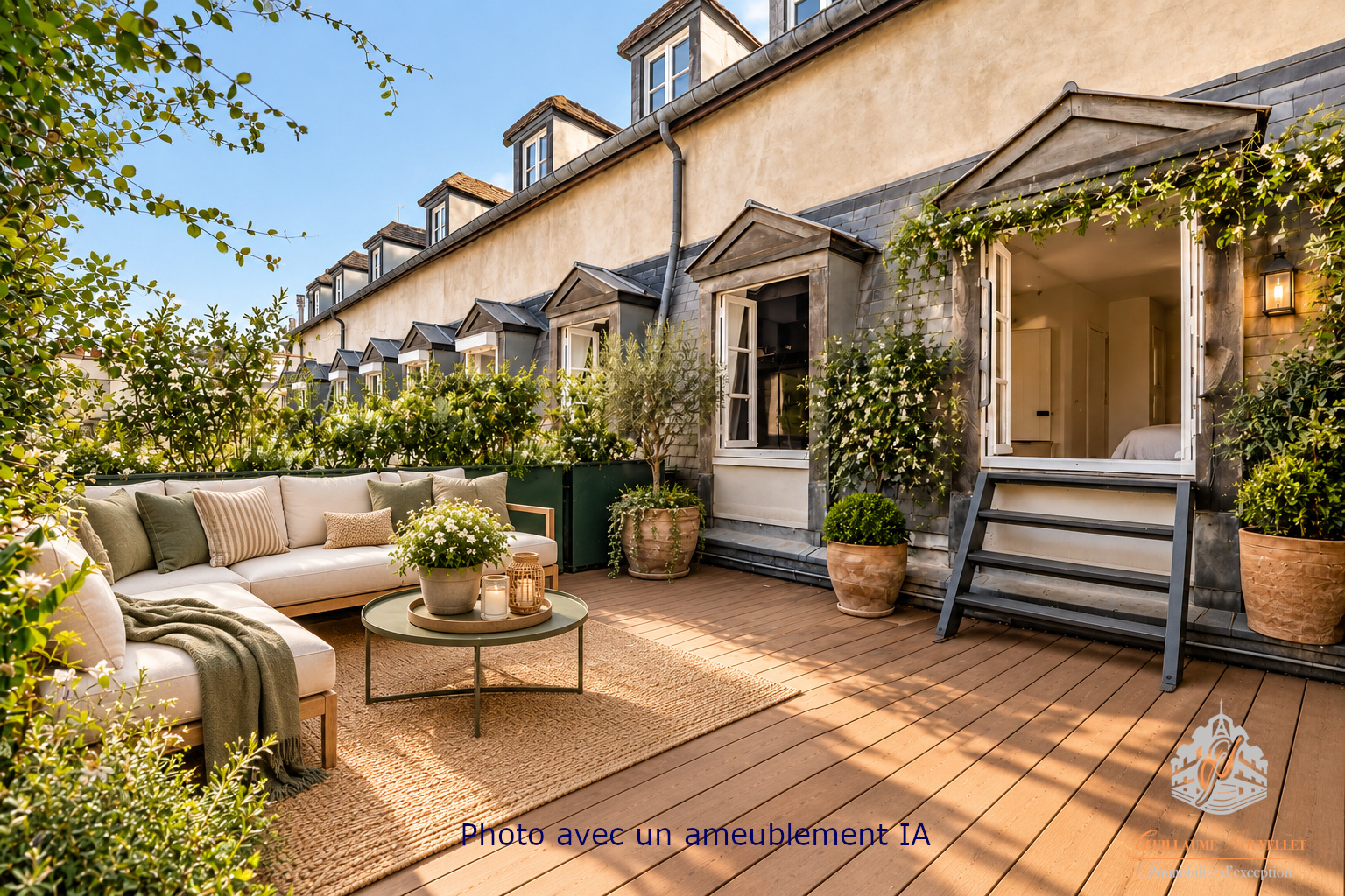 Terrasse d’un duplex à Paris Terrasse d'un duplex avec mobilier, entourée de verdure, à Paris.