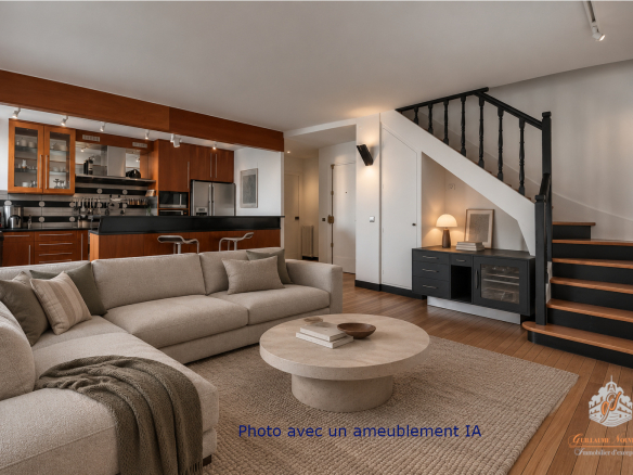 Intérieur d'un duplex moderne avec salon, cuisine ouverte et escalier, situé à Paris.