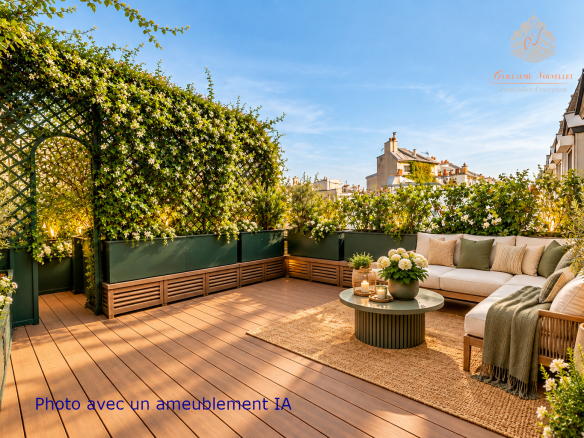 Terrasse d'un duplex avec mobilier, entourée de verdure, à Paris.