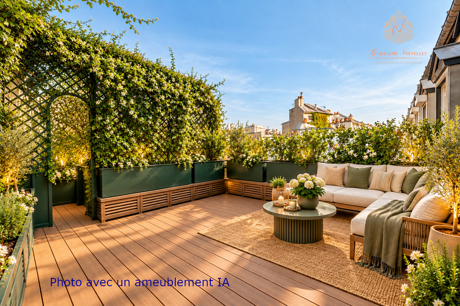 Terrasse d’un duplex à Paris Terrasse d'un duplex avec mobilier, entourée de verdure, à Paris.
