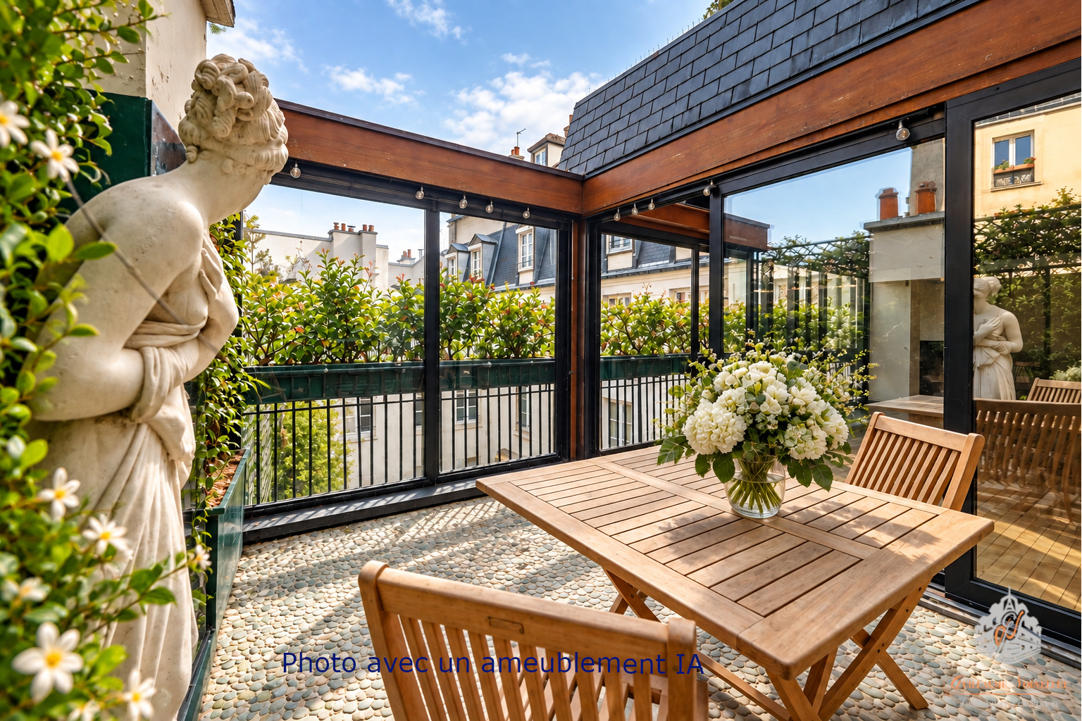 Terrasse d’un duplex à Paris Terrasse d'un duplex avec mobilier en bois et sculpture, vue sur un immeuble parisien.