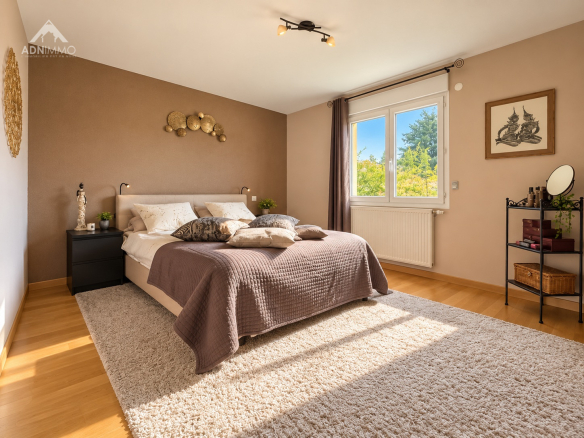 Chambre d'une maison à Saint-Genis-Pouilly avec lit, décoration moderne et fenêtre laissant entrer la lumière.