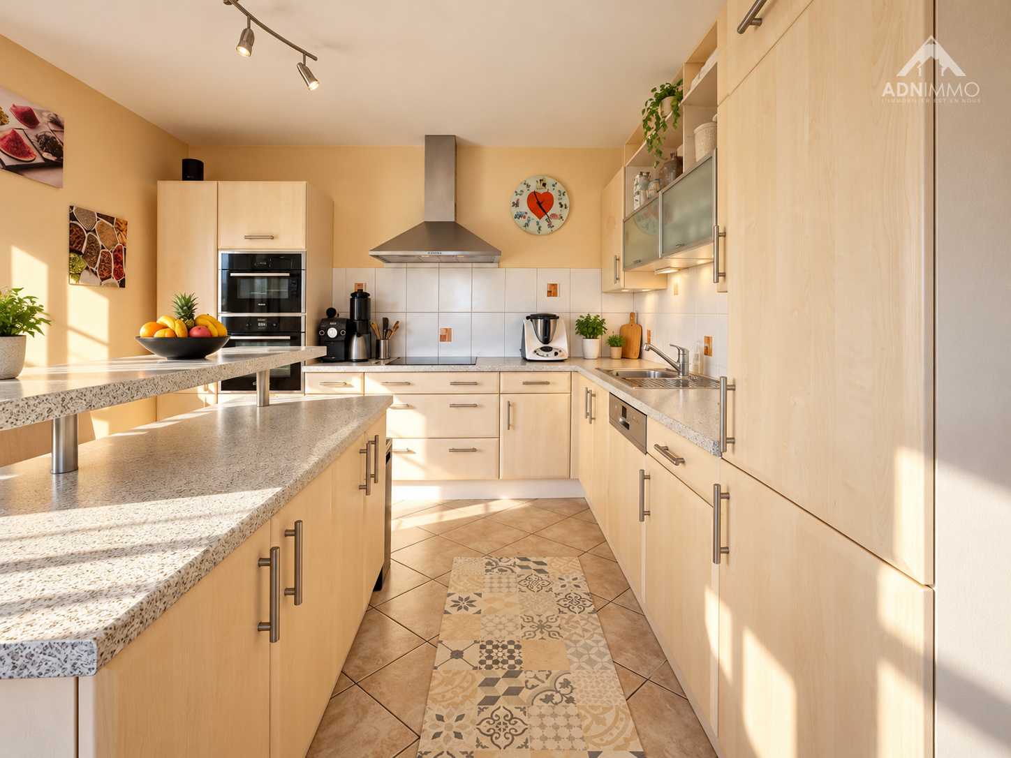 Cuisine spacieuse et lumineuse Cuisine moderne et lumineuse avec équipements intégrés, plan de travail en granit et carrelage au sol.