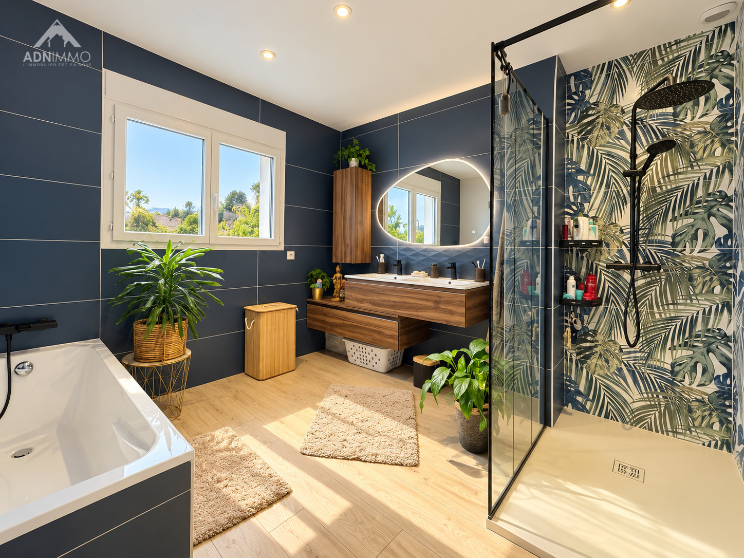 Salle de bain moderne à Saint-Genis-Pouilly Salle de bain moderne avec douche et baignoire, décoration végétale, lumière naturelle