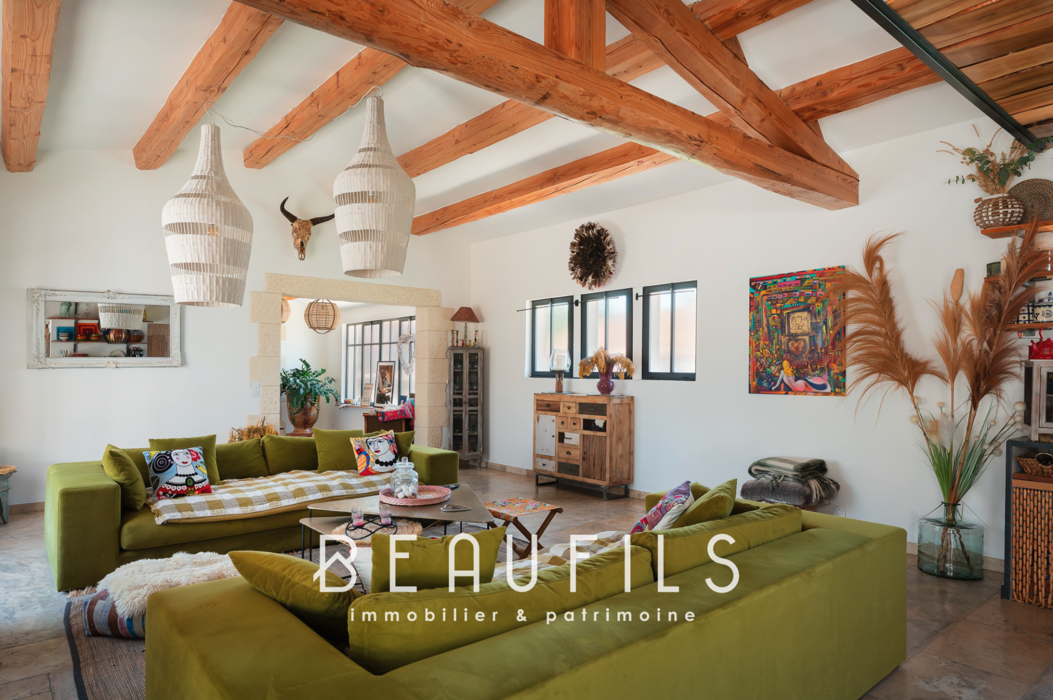 Interior of a Mediterranean villa Interior of a Mediterranean villa with a spacious living room and bohemian chic decorative elements.