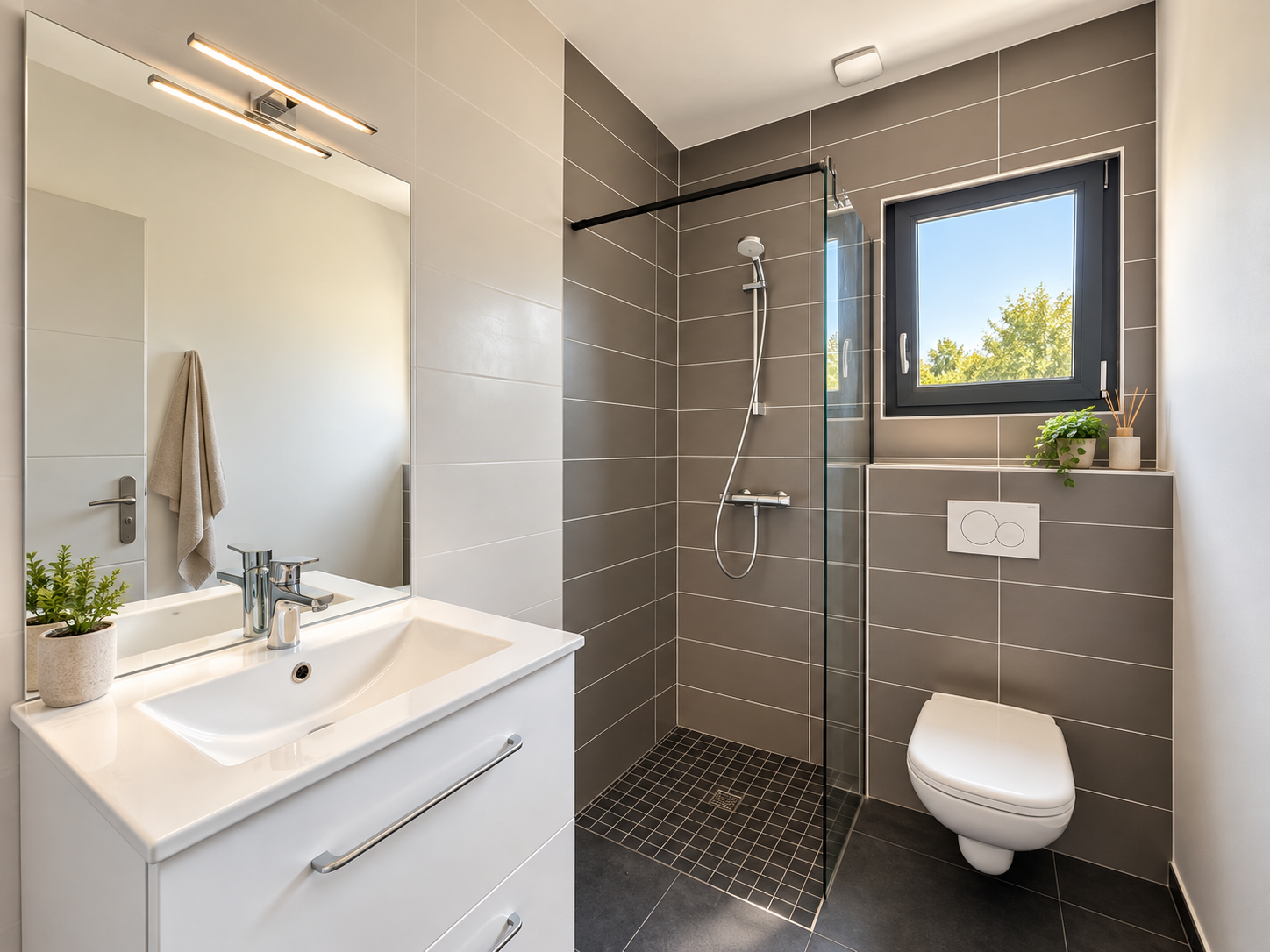 Salle de bain moderne Salle de bain moderne avec douche à l'italienne et lavabo, fenêtres laissant entrer la lumière.