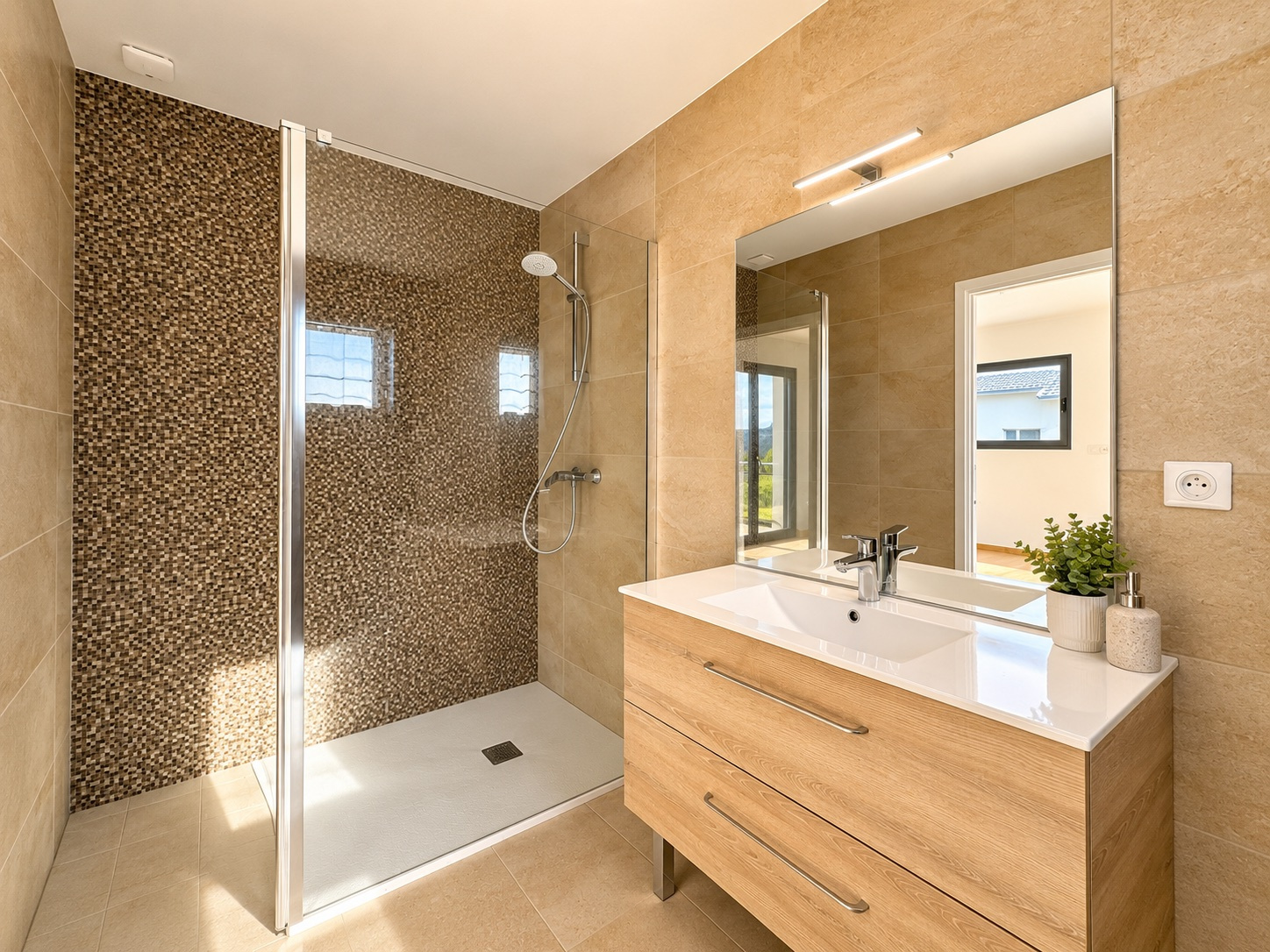 Salle de bain moderne Salle de bain moderne avec douche à l'italienne et meuble vasque en bois.