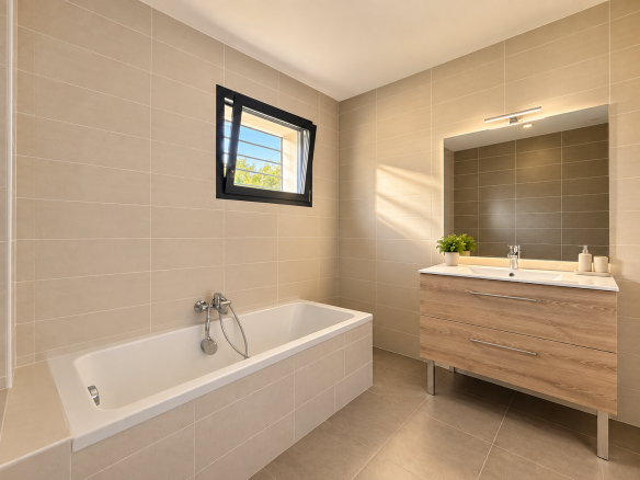 Salle de bain moderne avec baignoire et meuble en bois, lumière naturelle par la fenêtre.