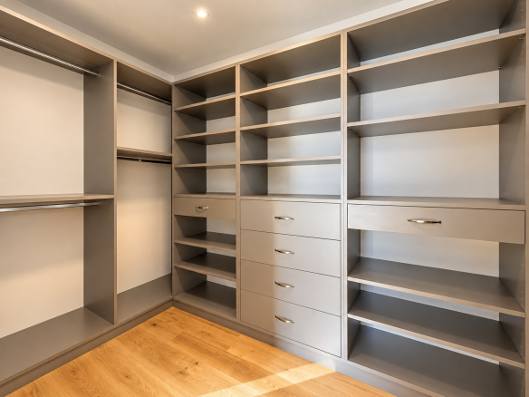 Intérieur d'un dressing spacieux avec étagères et tiroirs, murs clairs et parquet au sol.