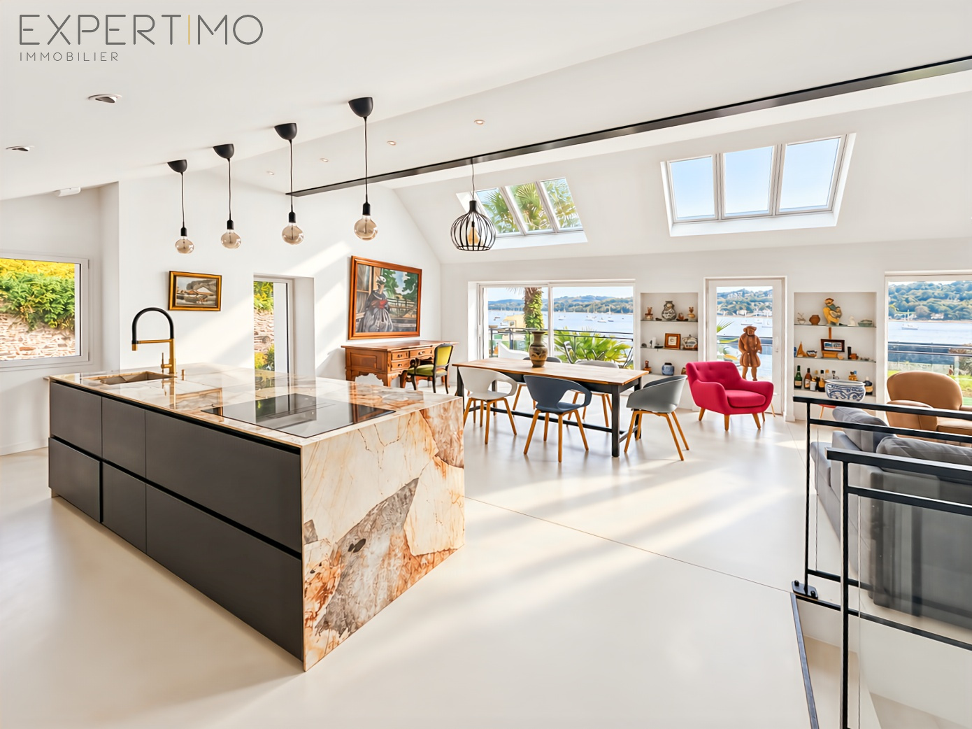 Contemporary property in Le Relecq-Kerhuon Interior of a contemporary property with modern kitchen and view of the Brest harbor.