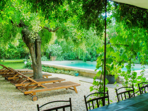 Garden with swimming pool and sun loungers in a property in L'Isle-sur-la-Sorgue