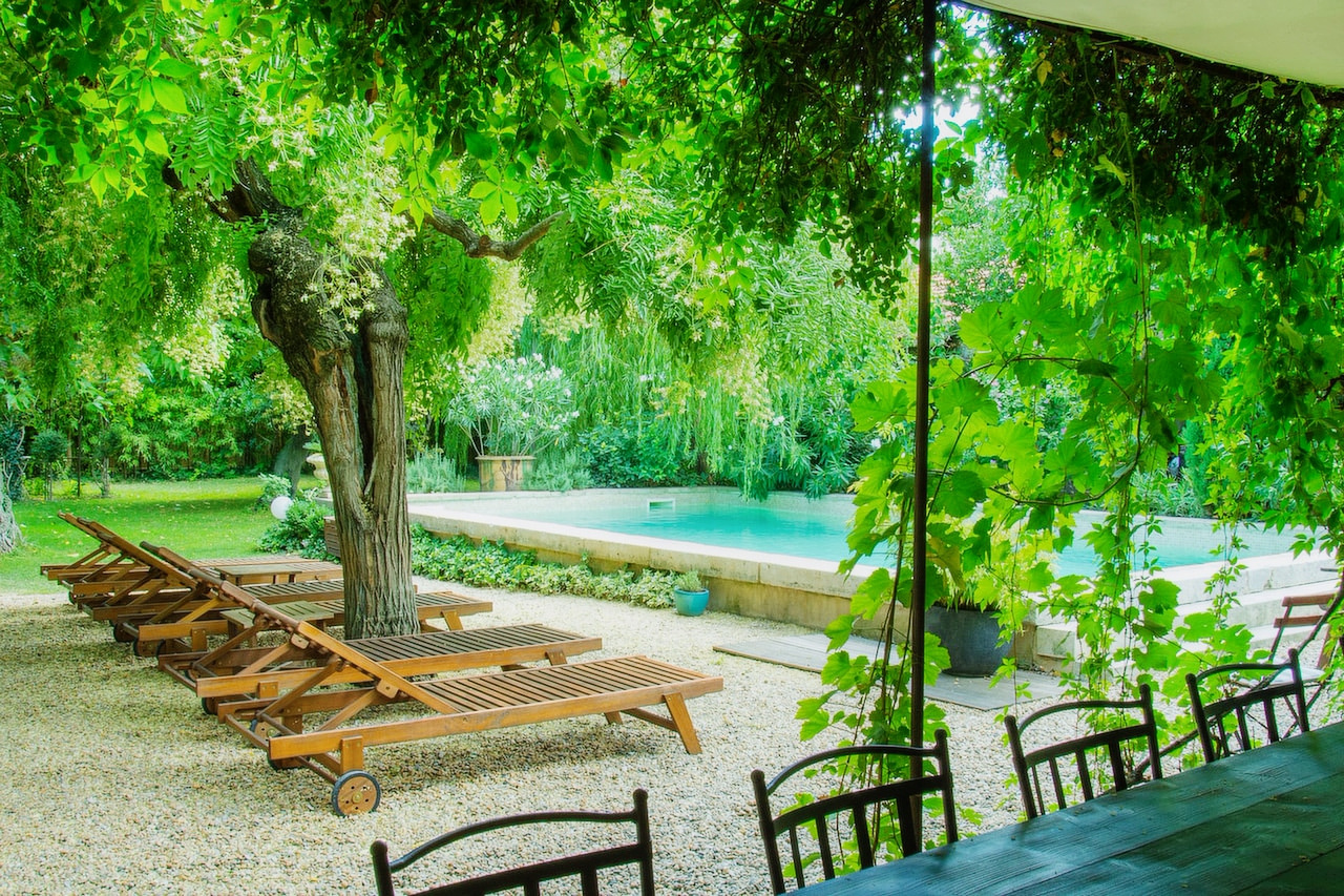 Garden with swimming pool and sun loungers in a property in L'Isle-sur-la-Sorgue