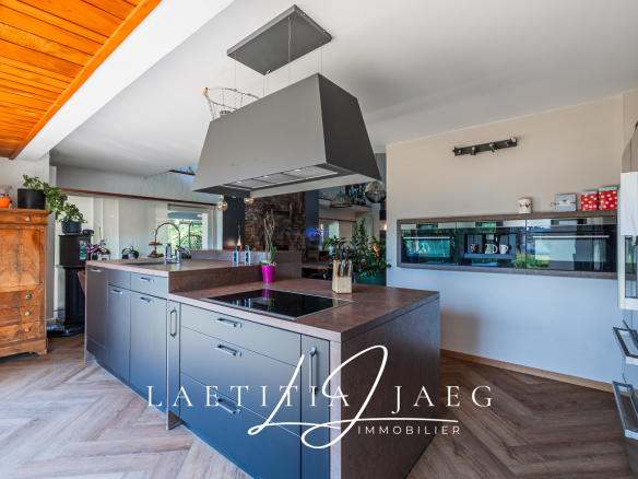 Cuisine moderne avec îlot central dans une maison atypique à Boofzheim.