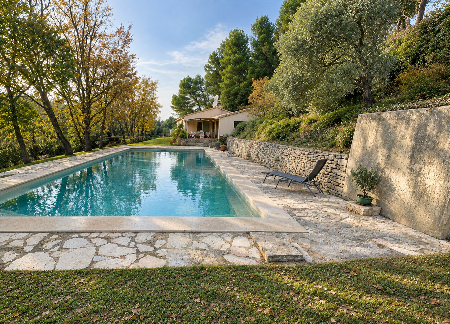 House with swimming pool in Ménerbes Single-storey house with swimming pool in Ménerbes, surrounded by trees and greenery.