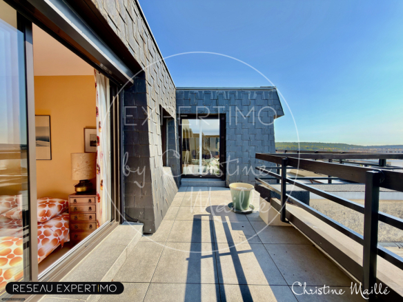 Rooftop apartment terrace in Versailles, unobstructed panoramic view.