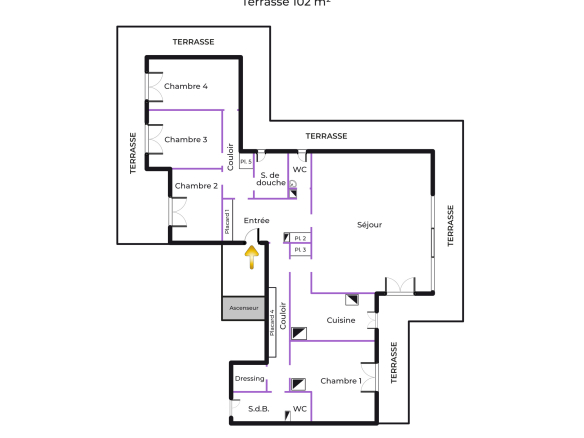 Floor plan of a 133 m² rooftop apartment in Versailles with 4 bedrooms and a 102 m² terrace.