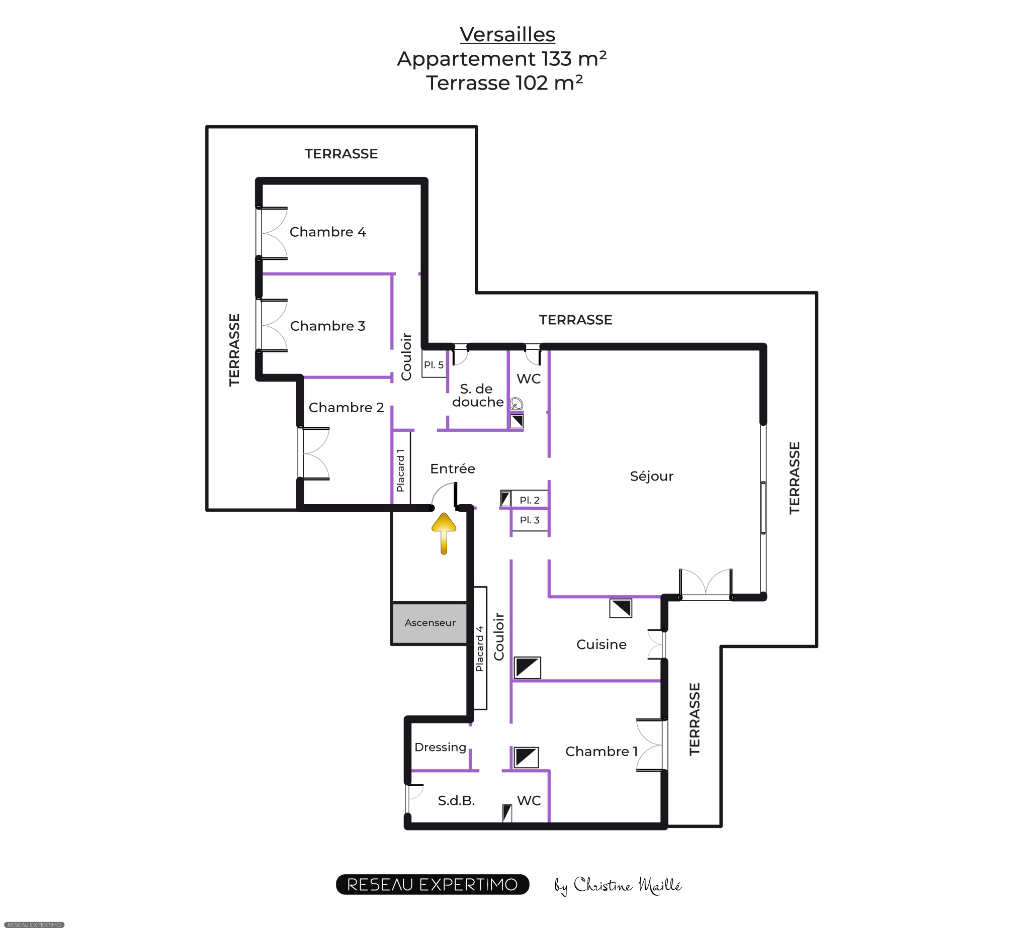 Rooftop apartment floor plan in Versailles Floor plan of a 133 m² rooftop apartment in Versailles with 4 bedrooms and a 102 m² terrace.