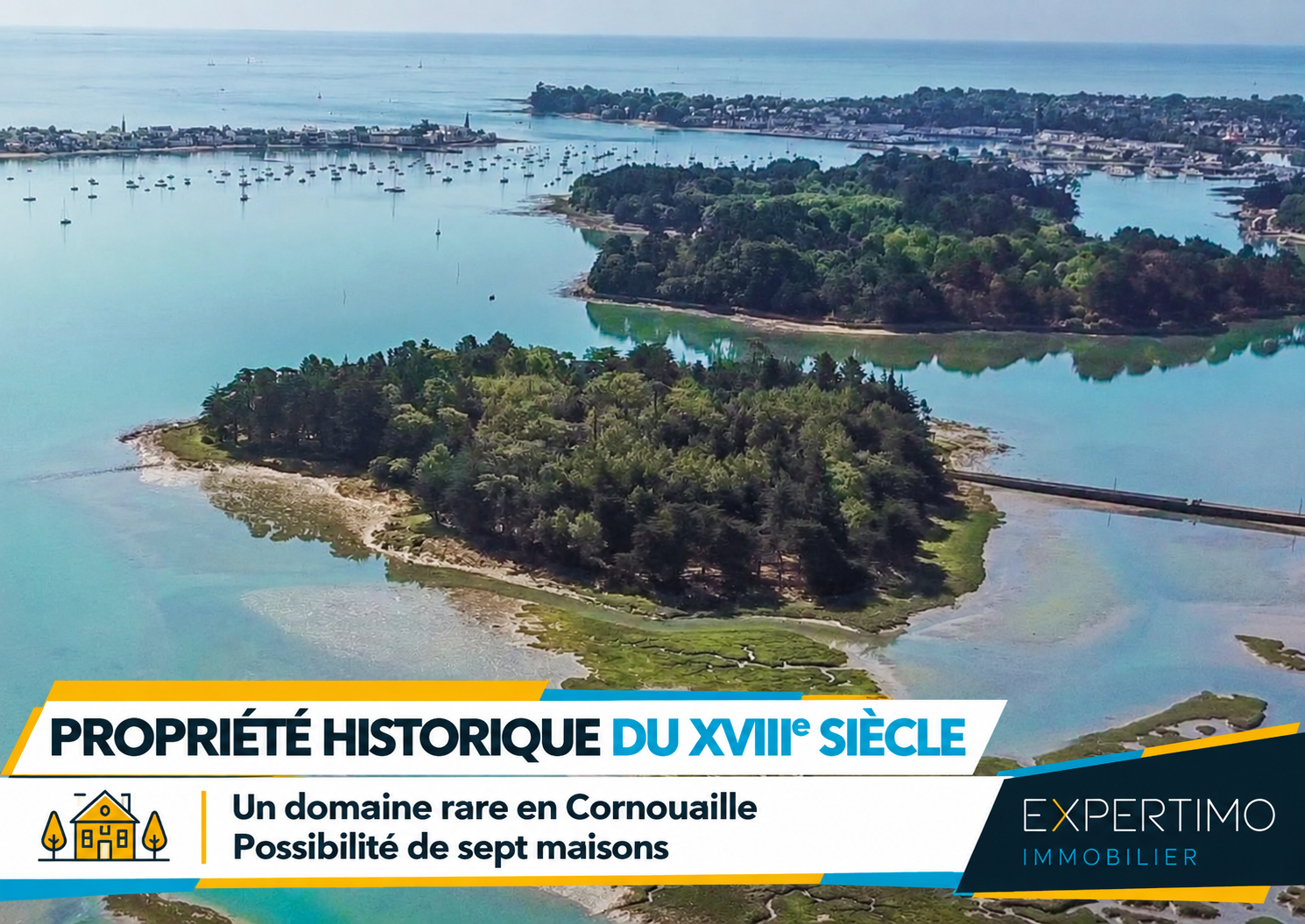 Propriété historique du XVIIIe siècle à Pont-l’Abbé Vue aérienne d'un domaine historique du XVIIIe siècle à Pont-l'Abbé, entouré d'eau et de paysages naturels.