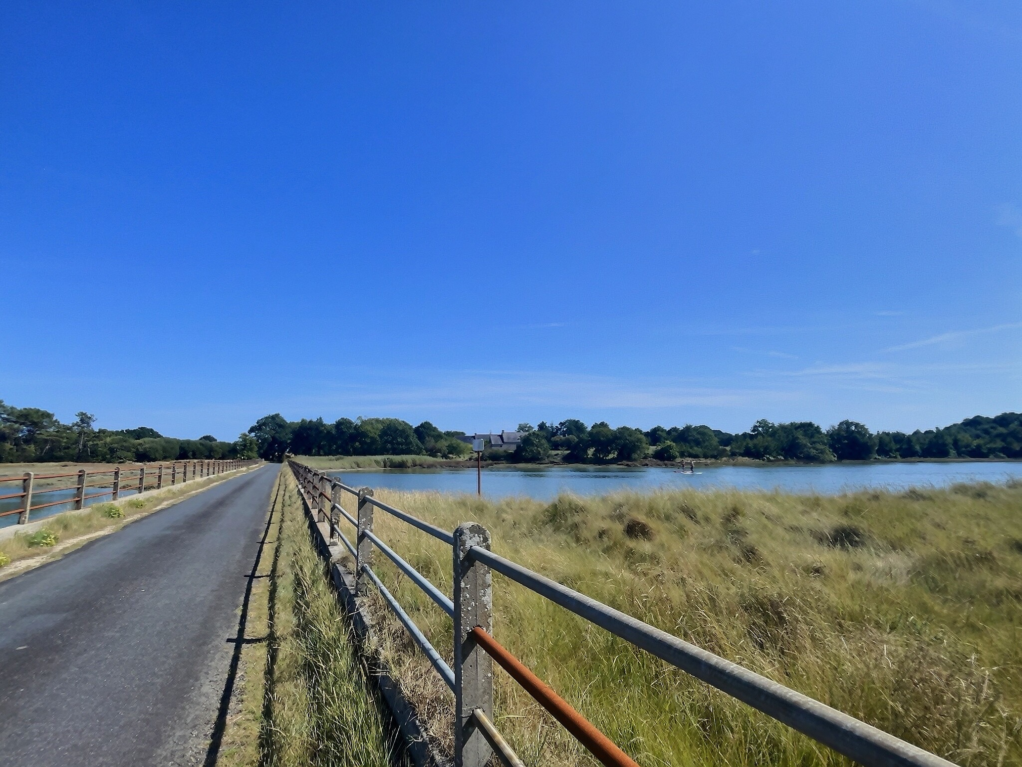 Propriété historique à Pont-l’Abbé Vue d'un chemin longeant un plan d'eau avec des herbes, près d'une propriété historique à Pont-l'Abbé.